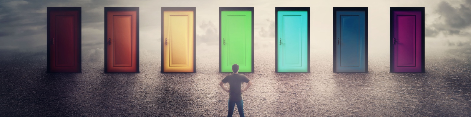 Confident guy in front of many doors different colored has to choose one. Difficult decision, important choice concept, failure or success. Ways to unknown future, career development opportunity.