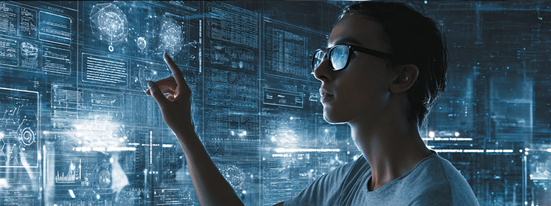 A computer science student working with holographic AI models, data streams, and neural network diagrams in a modern digital classroom.