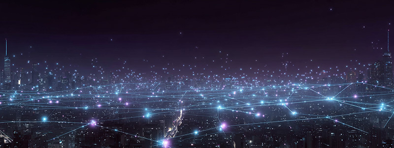 Futuristic IoT network with connected devices, blockchain chains, and edge computing nodes glowing in a digital industrial landscape.