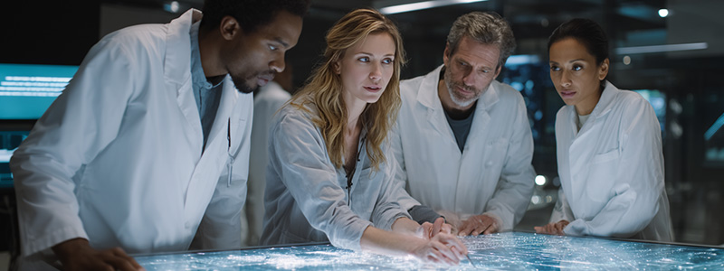 A diverse group of researchers from different fields collaborating around a glowing digital interface, combining data science with biology, social science, and environmental studies.